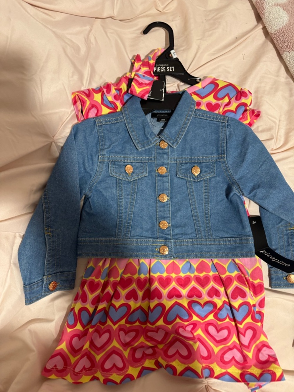 Kids Denim Jacket & Pink Heart Print Dress Two-Piece Set